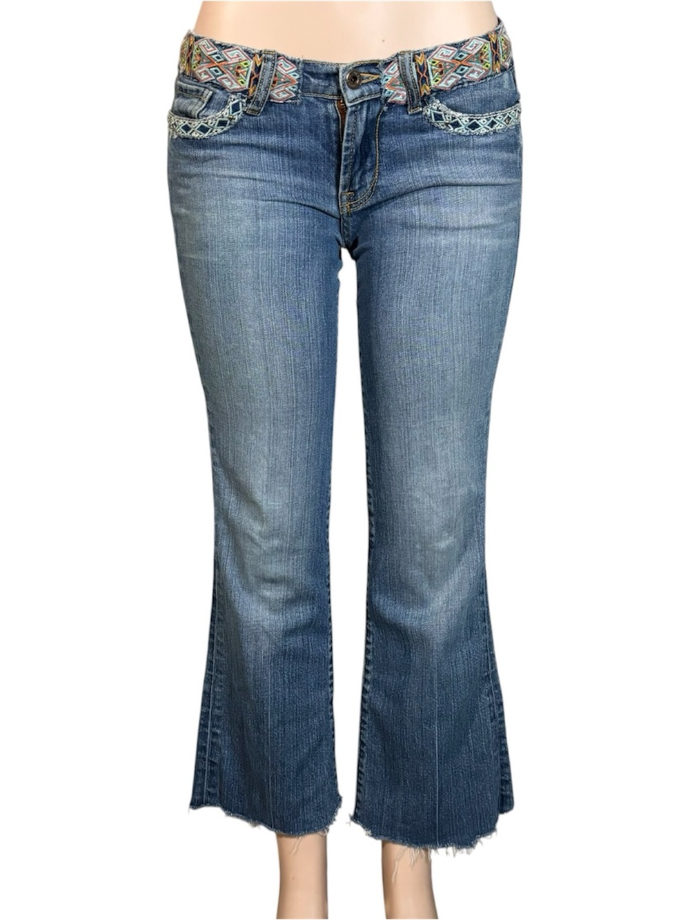 VTG Y2K Lucky Brand Low Rise Jeans Embroidered Aztec Raw Hem Flare Boho Sz 26